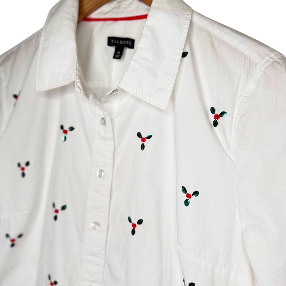 Talbots Holly Berry Christmas Button Down Sequin Shirt preppy Holiday office Med